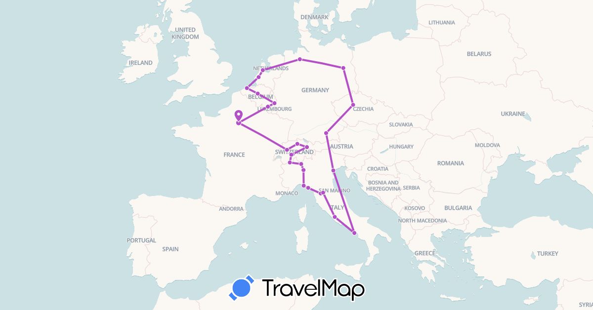 TravelMap itinerary: train in Belgium, Switzerland, Czech Republic, Germany, France, Italy, Liechtenstein, Netherlands (Europe)
